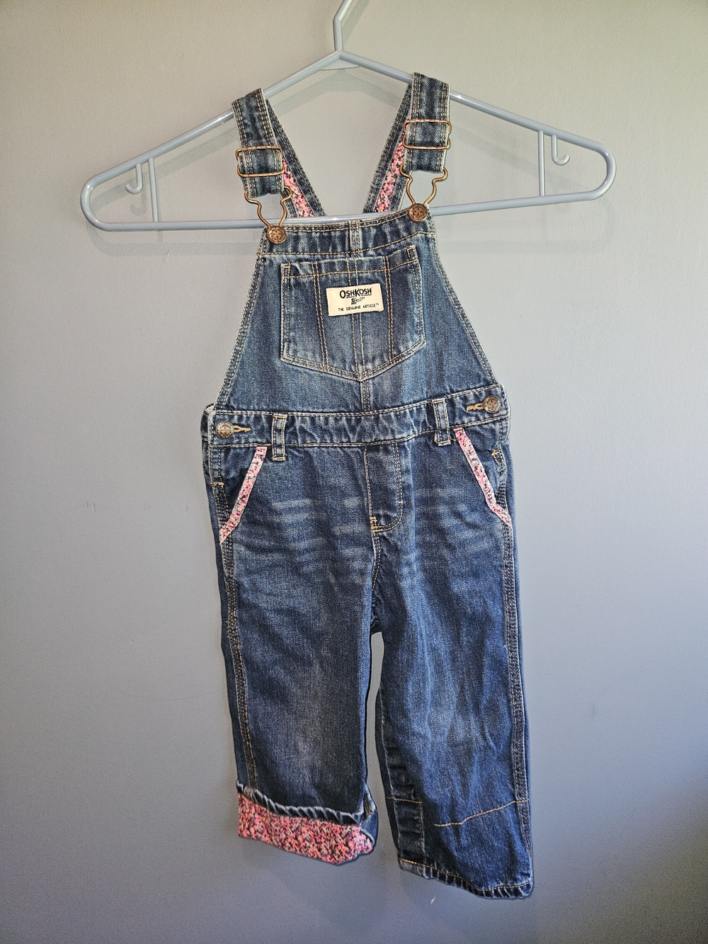 OshKosh B'gosh Blue Denim Overalls with Pink Floral Trim